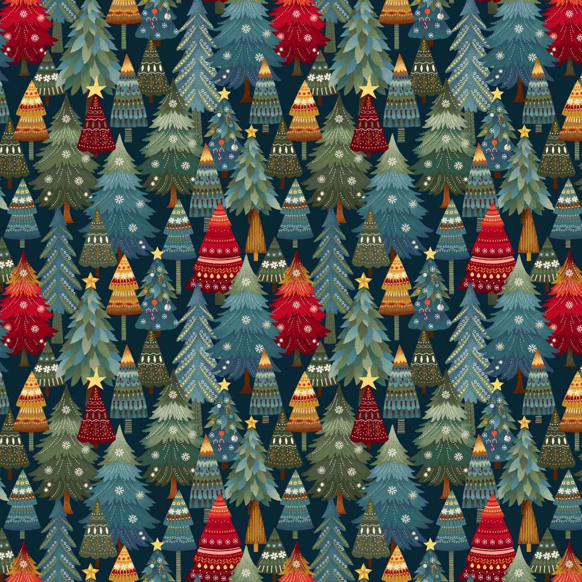 Nordic Holiday Village - Stacked Trees - Dark Blue - Q-3606-77