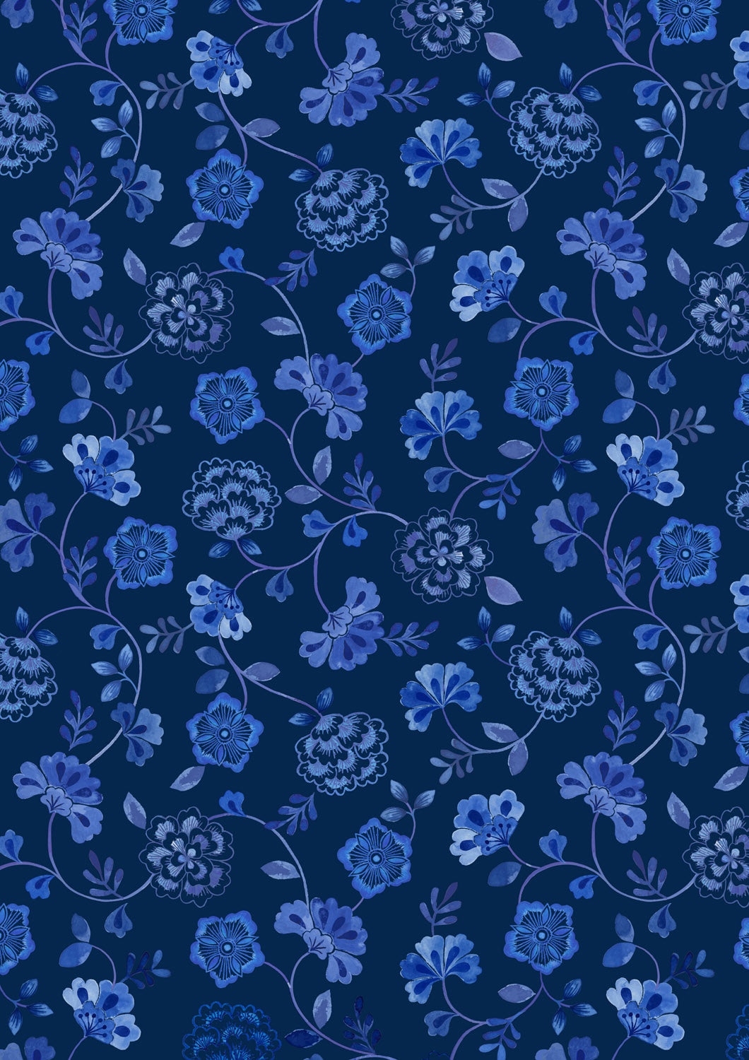 Porcelain and Sea Glass - Inky Floral Trails - Dark Indigo - A996C