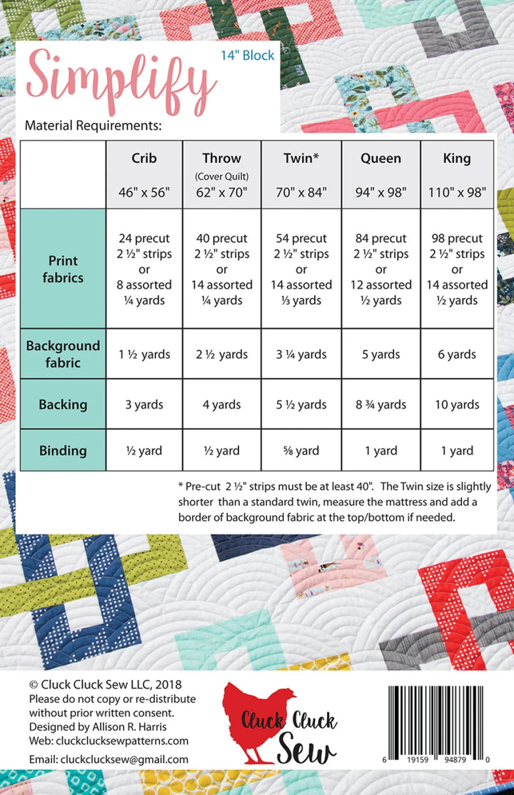 Simplify Quilt Pattern - Cluck Cluck Sew