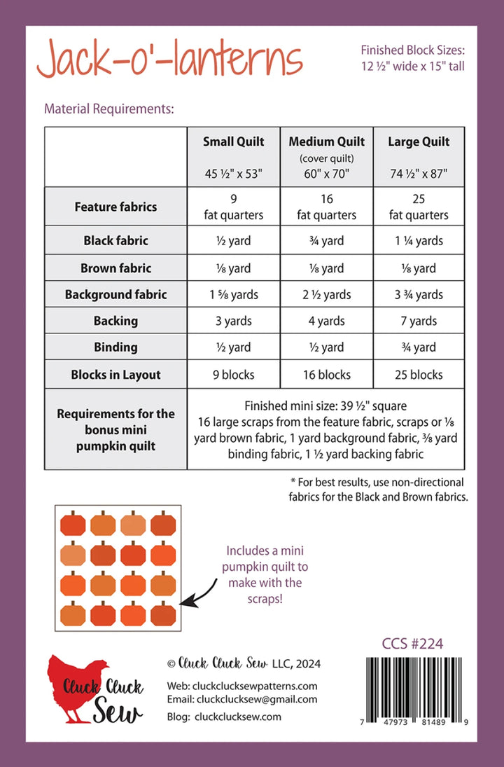 Jack-O-Lanterns Pattern - Cluck Cluck Sew