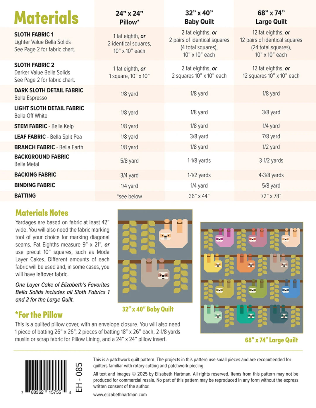 Snuggly Sloths Pattern - Elizabeth Hartman