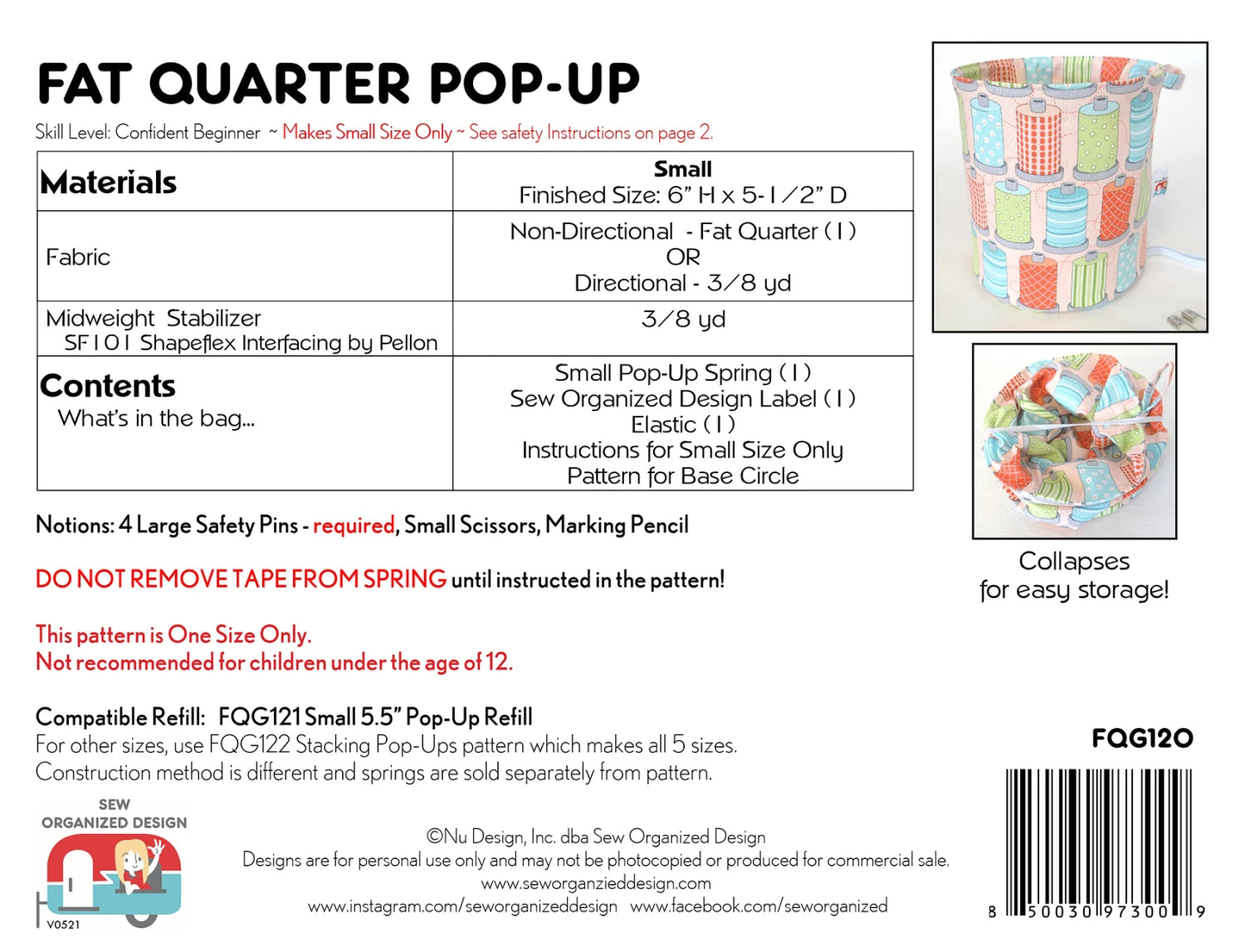 Fat Quarter Pop-Up Pattern - Sew Organized Designs