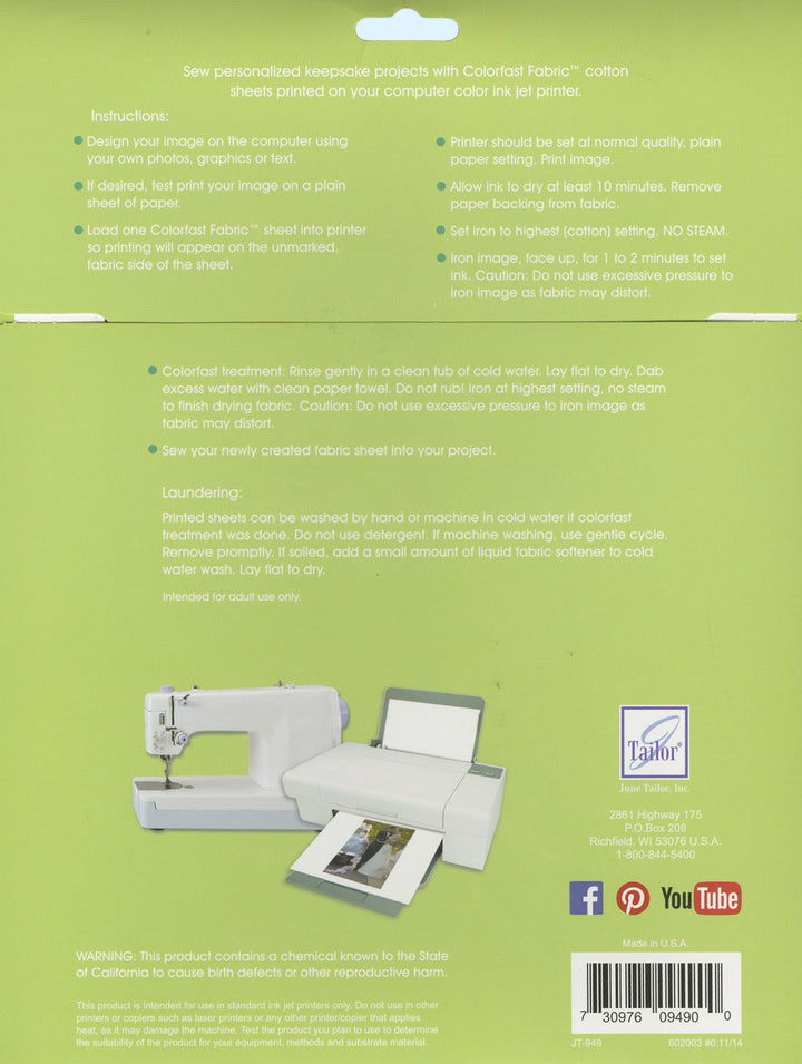 Ink Jet Fabric Sheets Colorfast 25ct