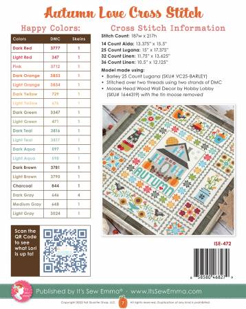 Autumn Love Cross Stitch Pattern - Lori Holt for Bee in my Bonnet