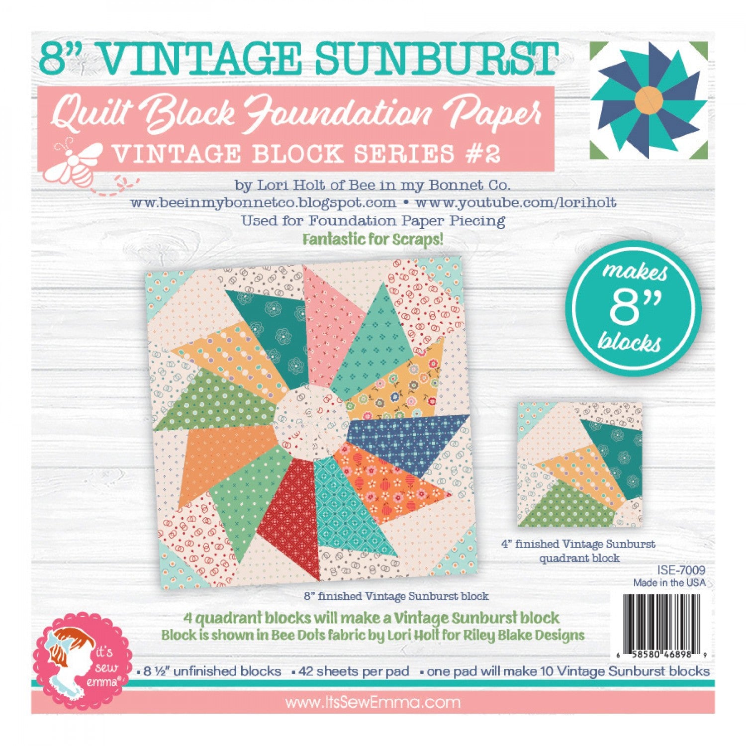 8 in Vintage Sunburst Quilt Block Foundation Paper Pad