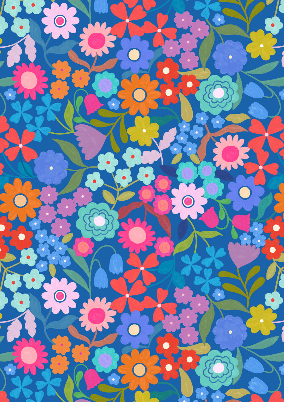 Patchwork Joy - Joyful flowers on blue - L34C