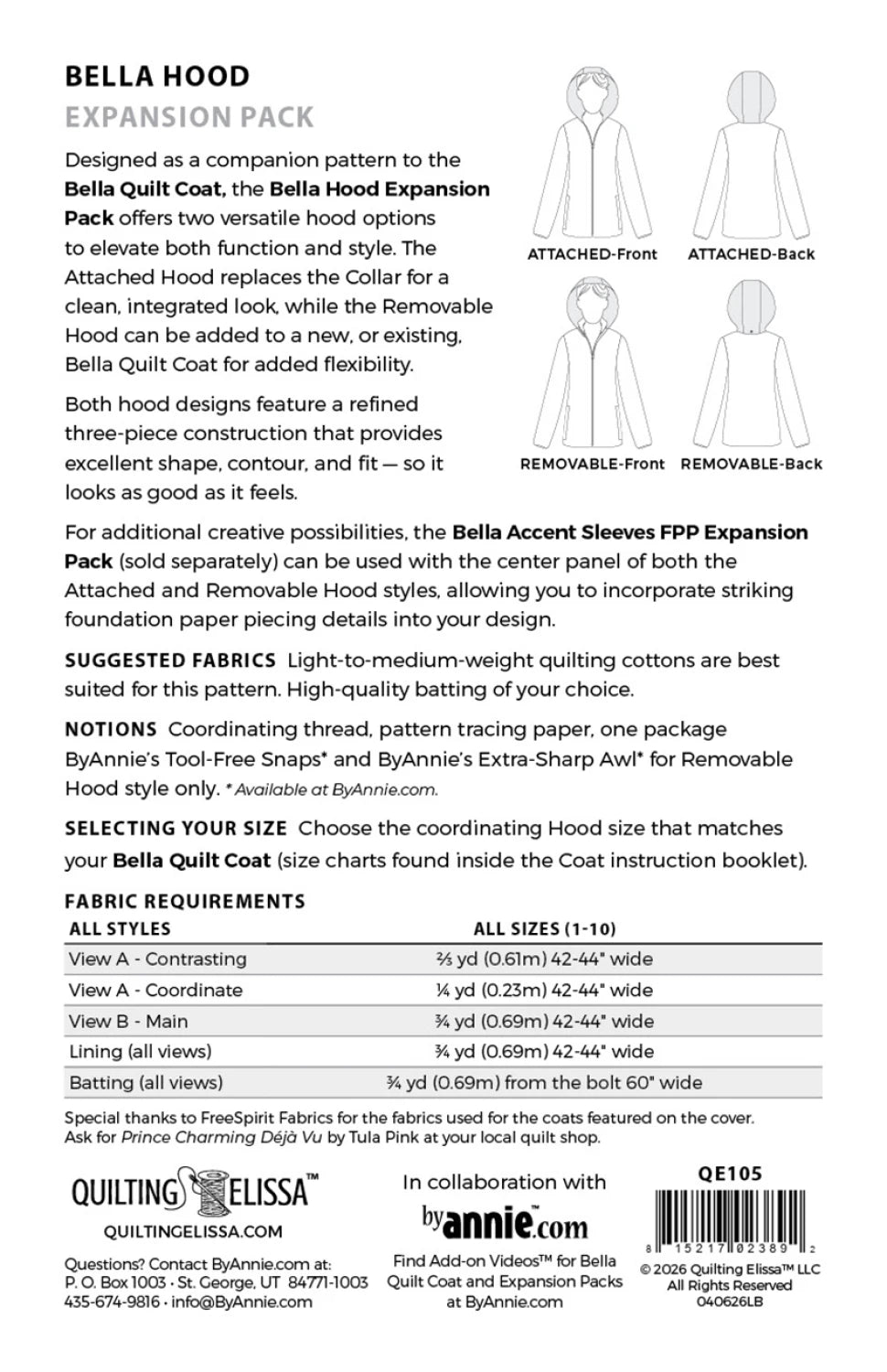Bella Hood - Expansion Pack (for Bella Quilted Coat) - Quilting Elissa