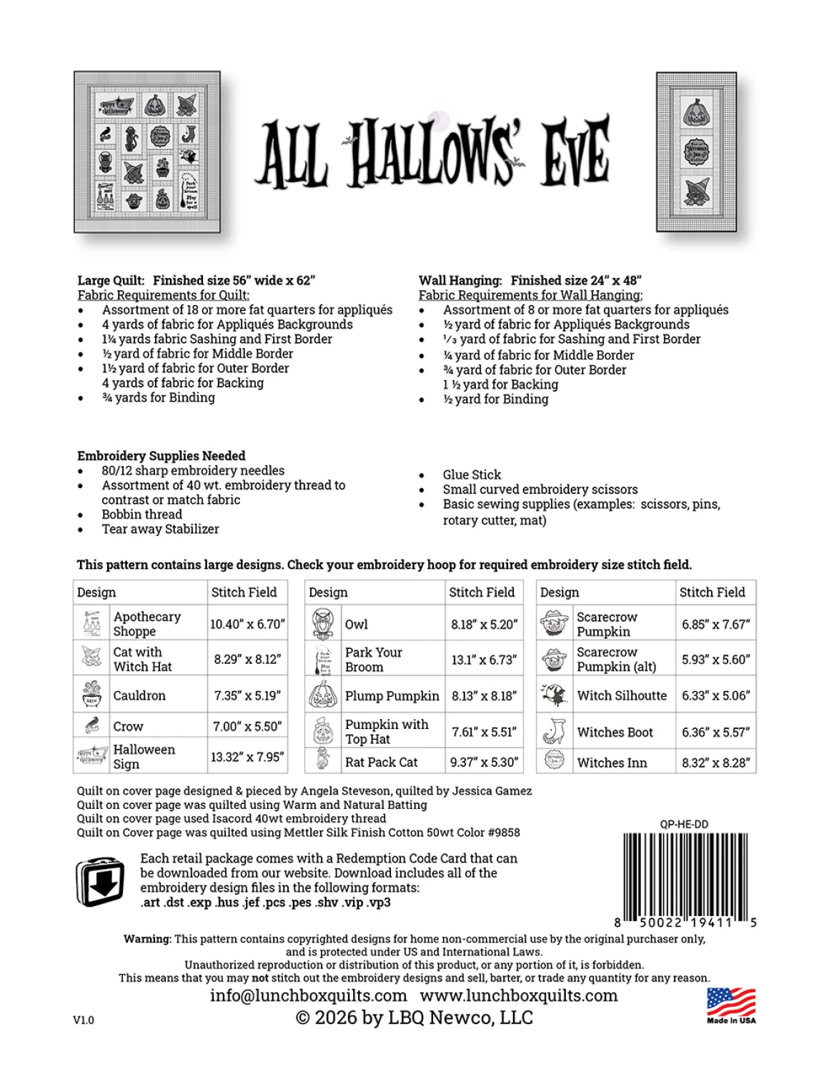 All Hallow's Eve Applique Machine Embroidery - Lunch Box Quilts