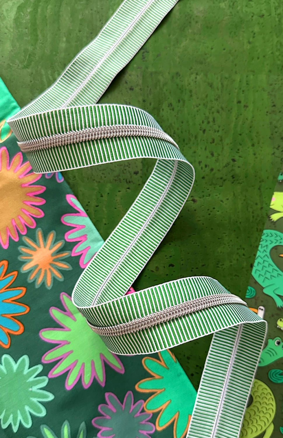 Green Stripe Zipper Tape with Nickel Teeth - Sassafras Lane Designs