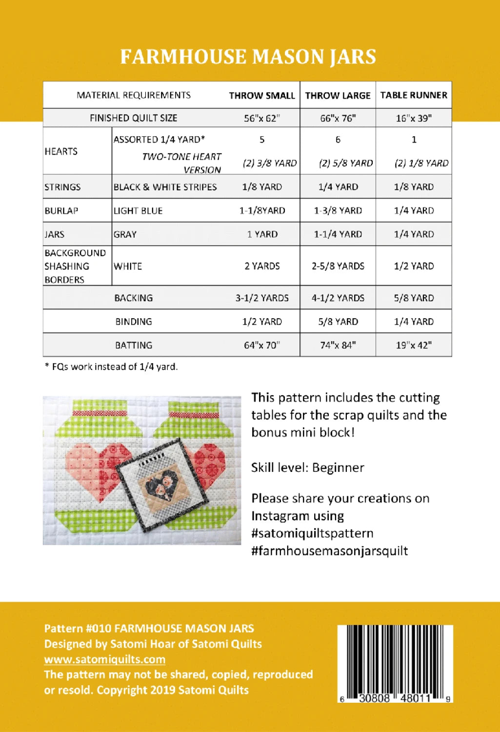 Farmhouse Mason Jars Quilt Pattern - Satomi Quilts