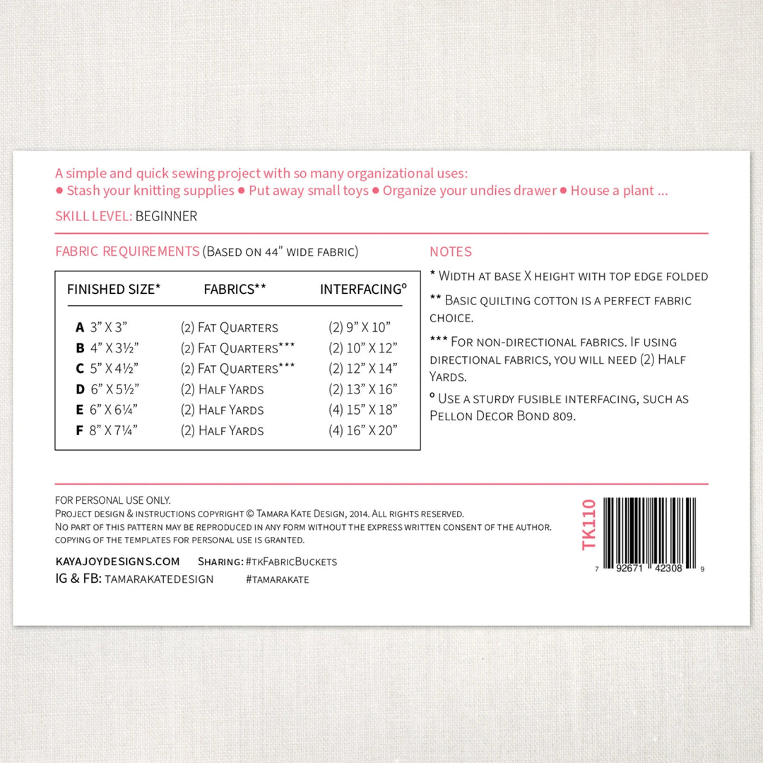 Fabric Buckets Sewing Pattern - Tamara Kate Design