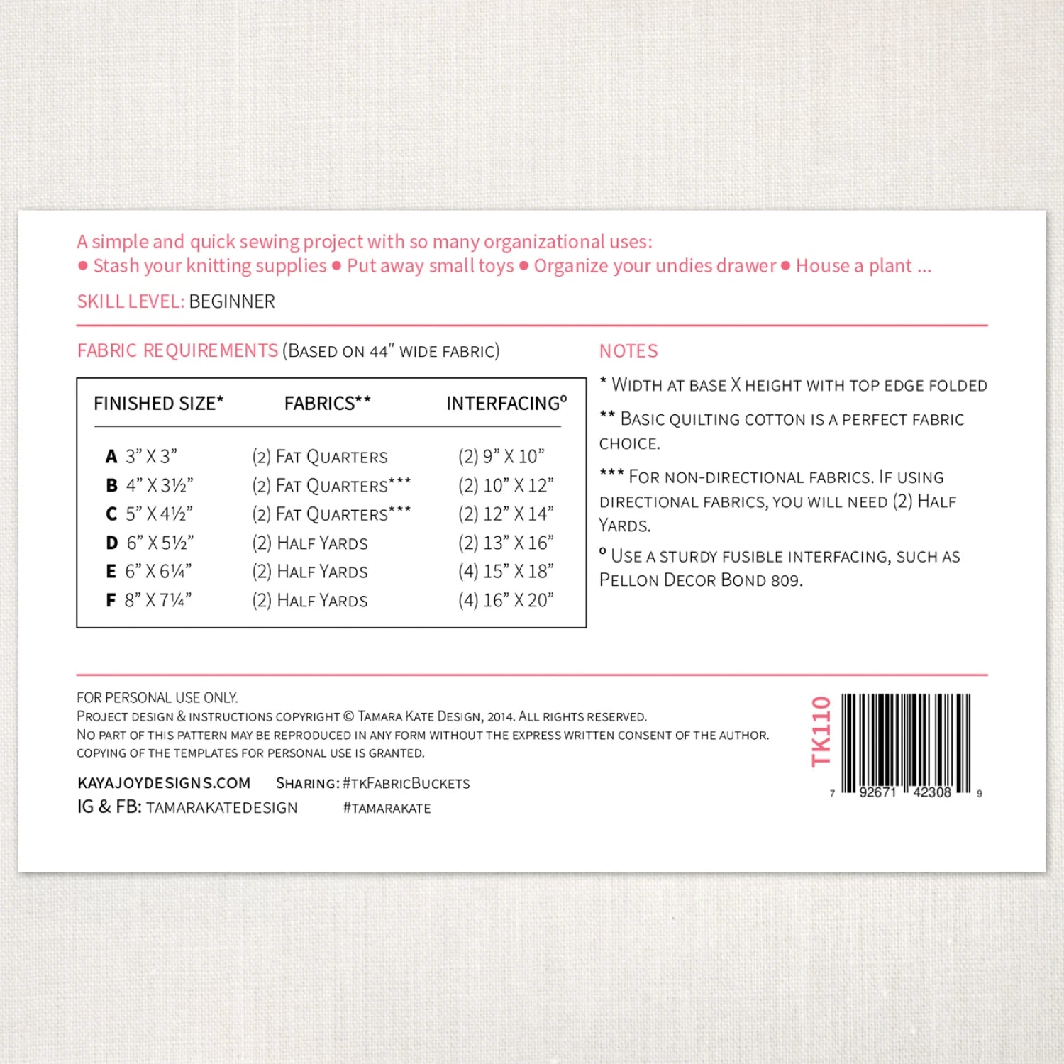 Fabric Buckets Sewing Pattern - Tamara Kate Design