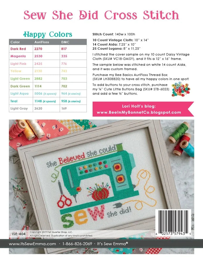 Sew She Did Cross Stitch Pattern - Lori Holt for Bee in my Bonnet