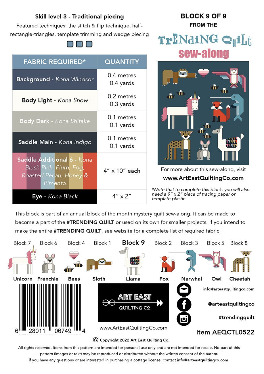 TRENDING QUILT Block 9 The Llama and Assembly Instructions