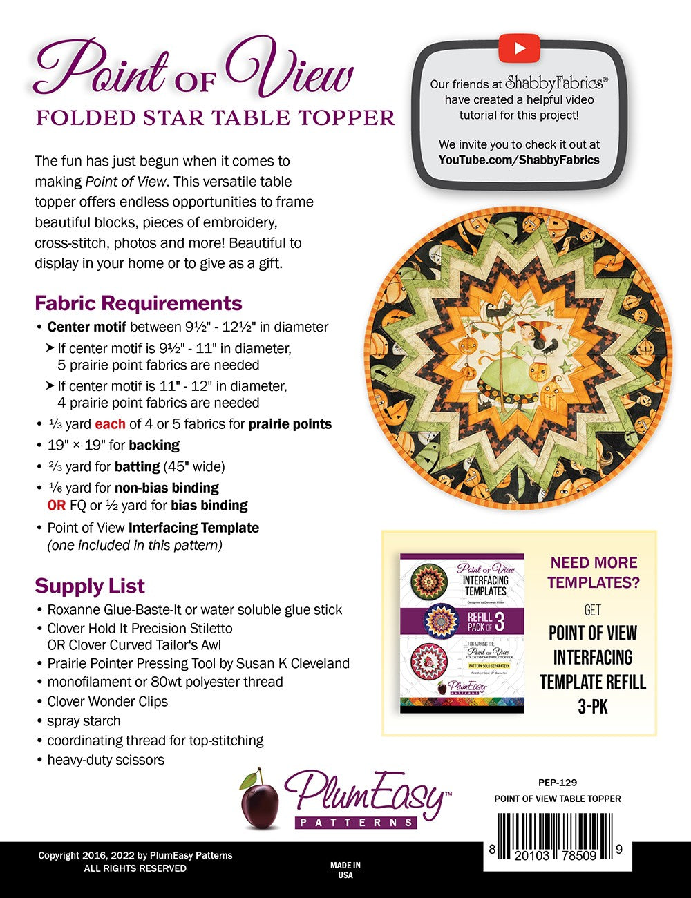 Point of View Folded Star Table Topper Pattern and Interfacing